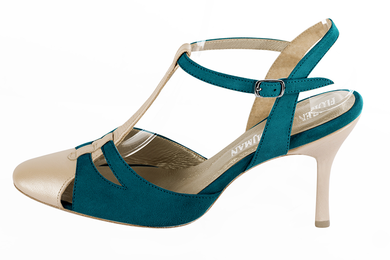 Gold and peacock blue women's open back T-strap shoes. Round toe. High slim heel - Florence KOOIJMAN